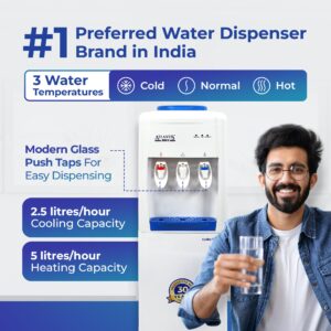 ATLANTIS SKY | 3 Taps – Hot, Normal & Cold Water Dispenser | Smart Glass Push-Pull Taps | 18L Cooling Cabinet | 1 Year Warranty | 2.5L/Hour Cooling Capacity